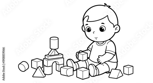 Little boy playing with wooden blocks.
