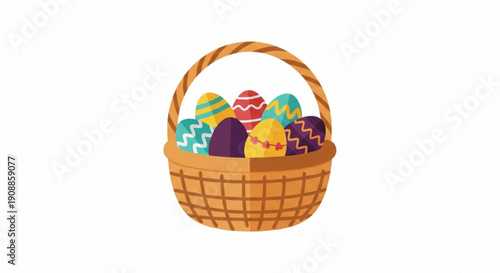 Colorful easter eggs in a traditional wicker basket on white background