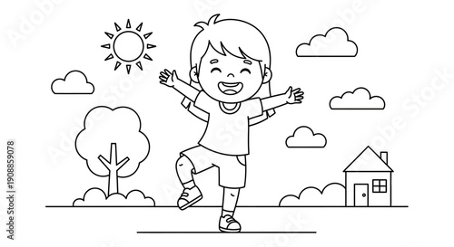 Happy Child Jumping in Field.