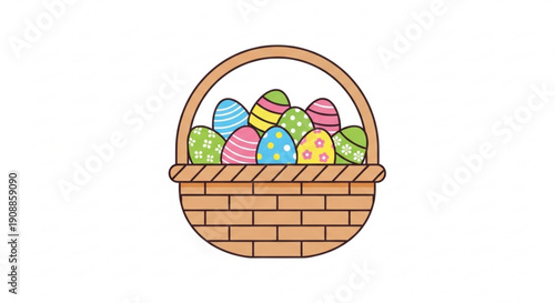 Colorful easter eggs in a wicker basket on white background