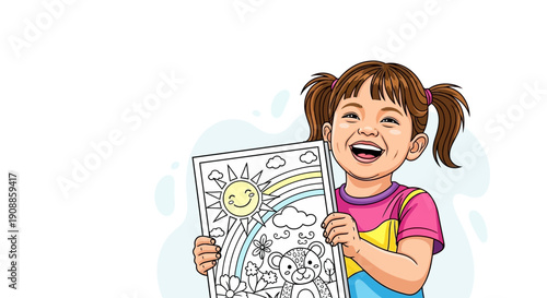 Little Girl Holding Coloring Book Page.