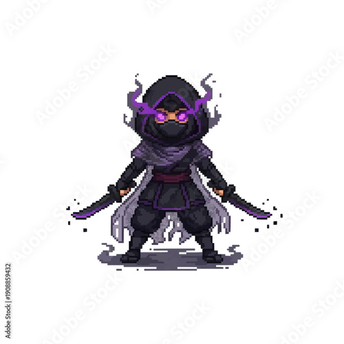 pixel art illustration of a dark ninja assassin with glowing purple eyes and dual katanas