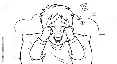 Tired Boy Rubbing Eyes in Bed.