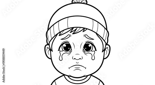 Sad child crying with tears falling.