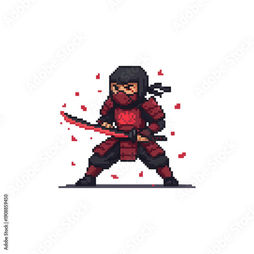 pixel art character of a samurai warrior wearing red plated armor and wielding a katana.