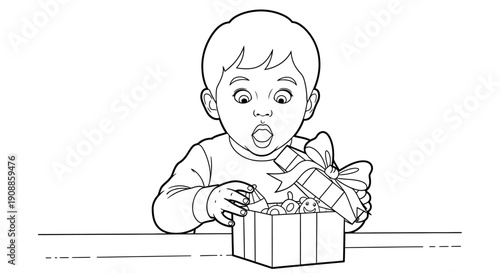 Surprised toddler opening a gift box.
