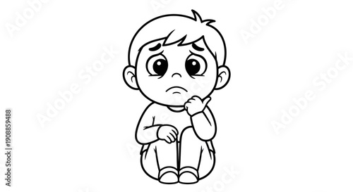 Concerned boy with puzzled expression sitting.