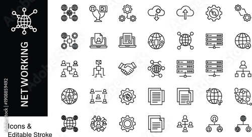 Global networking icon set with digital connectivity cloud data storage server system communication team collaboration and technology infrastructure management collection