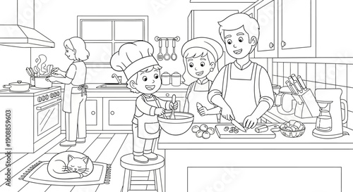 Children wearing chef hats cooking.