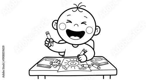 Happy baby drawing with crayons smiling.