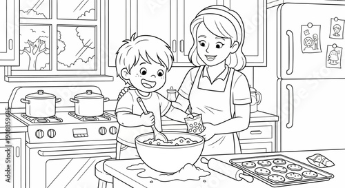 Woman and child baking together happily.