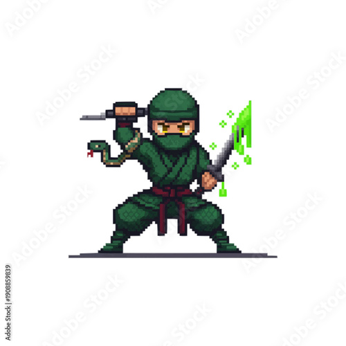 pixel art green ninja assassin holding a poisonous dripping dagger with a snake on arm.