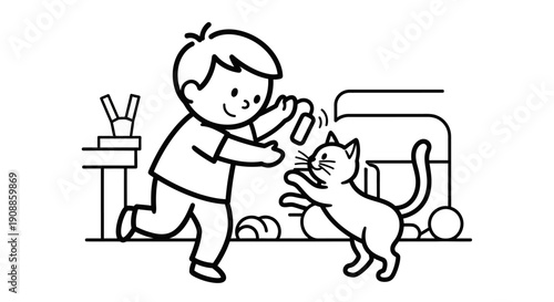 Boy Playing with Happy Domestic Cat.