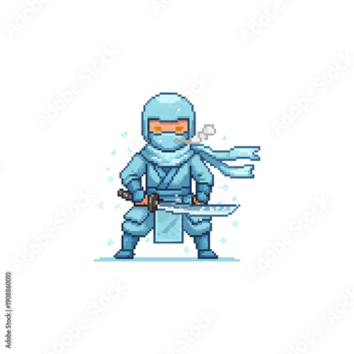 pixel art ice ninja in light blue outfit wielding a frozen crystalline katana blade weapon. 