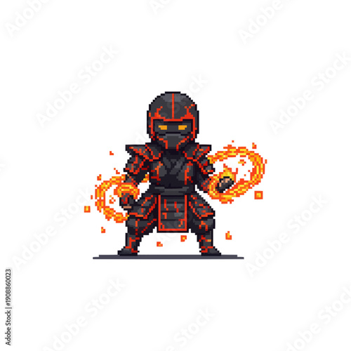 pixel art fire ninja clad in glowing lava armor manipulating swirling rings of orange flames.