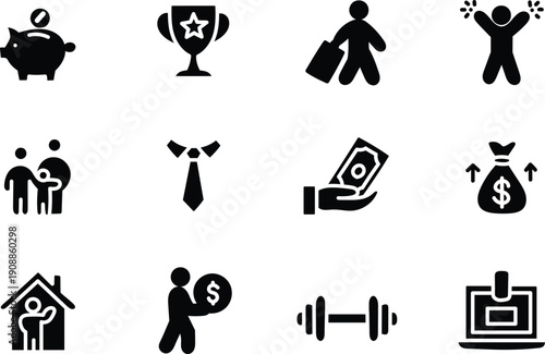 Personal Finance and Achievement Icons Set Featuring Savings Trophy Investment Salary Fitness Insurance Charity and Financial Goal Symbols for Modern Planning