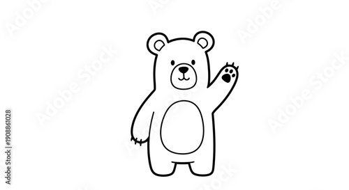 Charming minimalistic line art illustration of a cute bear waving on a white background