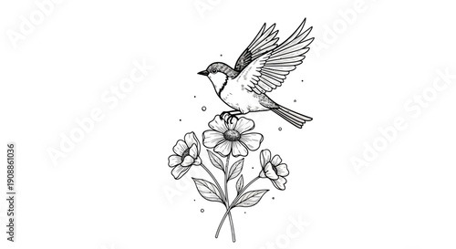 Elegant line art featuring a bird perched delicately atop blooming flowers in simple style