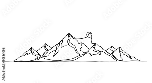 Minimalist mountain range illustration with single continuous line art style graphic