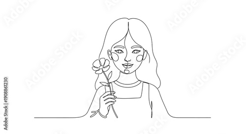 Minimalist line art illustration of a smiling woman holding a flower with elegant simplicity