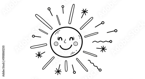 Cute Smiling Sun with Eyelashes and Cheeks Black and White Doodle Style Illustration