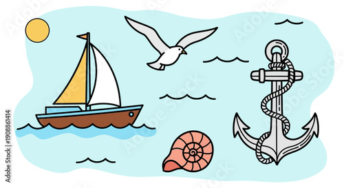 Nautical themed cartoon illustration featuring a sailboat seagull sun anchor and seashell