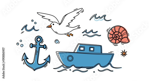 Nautical themed illustration featuring a boat, seagull, anchor, and seashell design