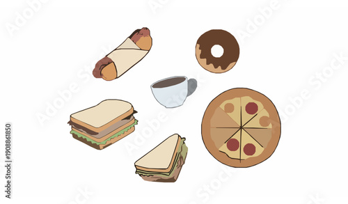 Doodle food and drink vector illustration with pizza donut sandwich and coffee on white background