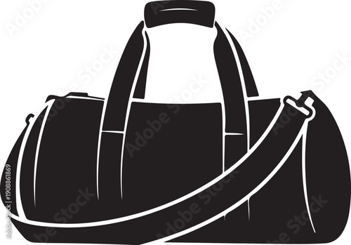 Minimalist black duffle bag with white straps isolated on white background