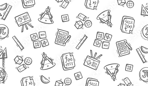 Math doodle background. Mathematics objects pattern background. Math education seamless pattern. Mathematical equation hand drawn seamless pattern with pi, drawing compass, rulers, and shapes.
