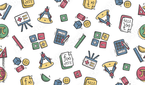Math doodle background. Mathematics objects pattern background. Math education seamless pattern. Mathematical equation hand drawn seamless pattern with pi, drawing compass, rulers, and shapes.