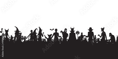 A spooky silhouette of various Halloween monsters and characters gathered together on a dark landscape.