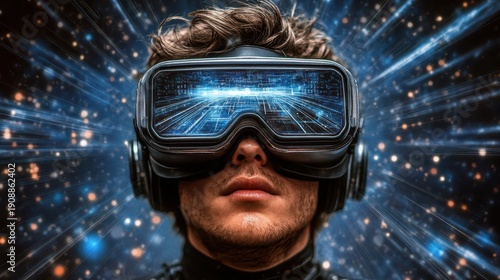 Man experiences immersive virtual reality world individual engages with advanced digital simulation