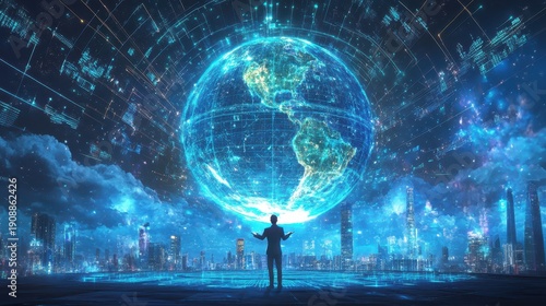 Man observes futuristic city skyline at dawn future city reveals advanced architecture serene urban vista