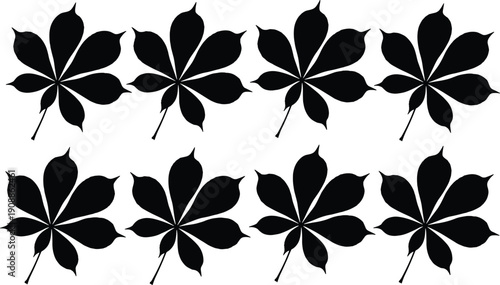 Black leaf silhouette collection featuring chestnut shaped foliage isolated on white background, botanical vector illustration set for design use
