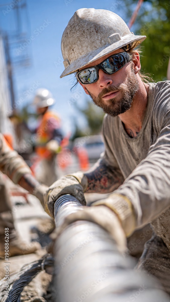 Fototapeta premium Electricians Installing EV Charging Station Pulling Cables With Motion Blur On Modern Parking Site