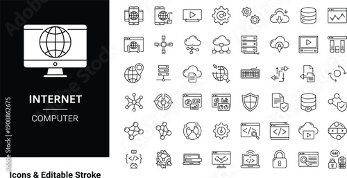 Cyber security icon set with data protection lock shield internet privacy network safety technology cloud encryption server firewall computer system, cad drawing flat vector illustration