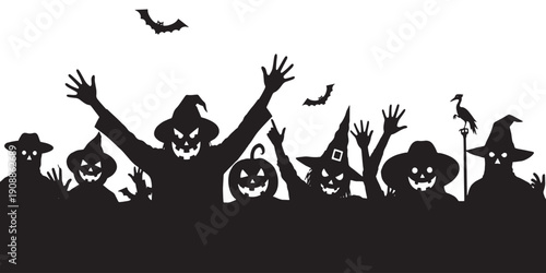 Spooky Halloween silhouette with pumpkins, witches, bats, and scarecrows celebrating the holiday.