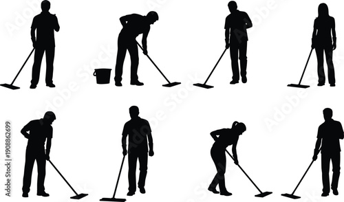 Cleaning service worker silhouette collection mopping floor in various poses isolated on white background, janitor vector illustration set
