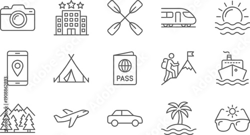 Linear vector icon set for adventure travel and outdoor tourism featuring mountain hiking camping tents cruise ships summer islands passports and diverse transportation symbols