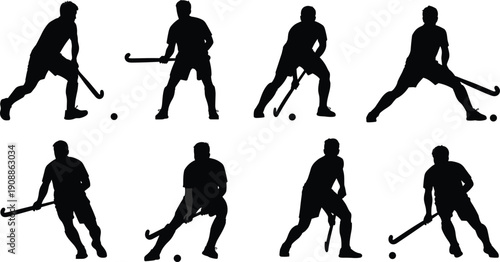 Field hockey player silhouette collection in dynamic action poses isolated on white background, sport vector illustration set for design