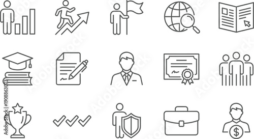 Linear vector icon set for business success and career growth featuring achievement trophies graduation caps professional certificates leadership flags growth charts and recruitment symbols
