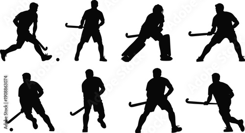 Field hockey player silhouette set in dynamic action poses isolated on white background, sport vector illustration collection for design
