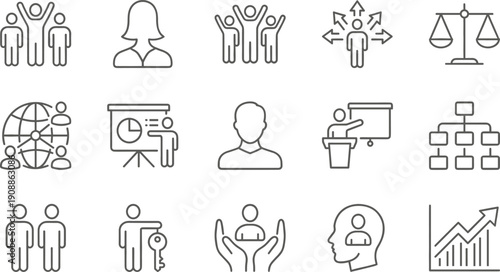 Linear vector icon set for business leadership and human resources featuring team management career growth global networking legal justice presentation boards and recruitment symbols