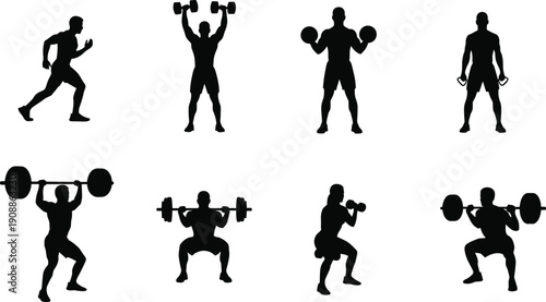 Fitness workout silhouette collection of muscular man lifting dumbbells and barbell isolated on white background, gym training vector illustration set