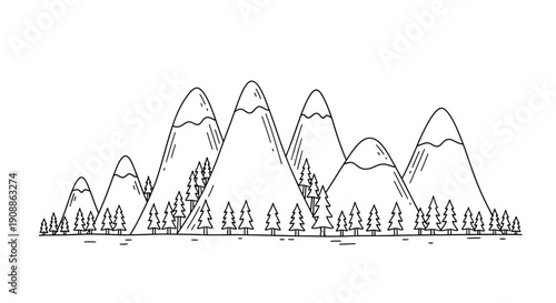 Detailed black and white outline drawing of mountains and coniferous trees landscape illustration