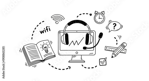 Online education and e-learning concept represented by sketch drawing with study tools