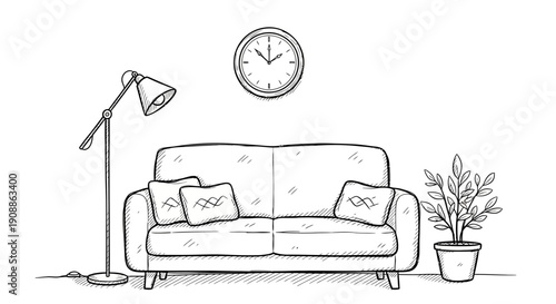 Sketch of cozy living room interior with sofa lamp plant and clock providing a relaxed atmosphere