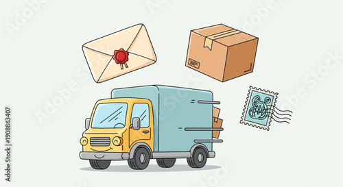 Cheerful cartoon delivery truck with a package, letter and stamp creating a friendly image