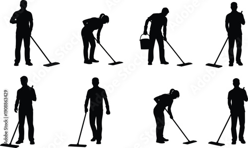 Janitor and cleaning worker silhouette set mopping floor in different poses isolated on white background, housekeeping vector illustration collection